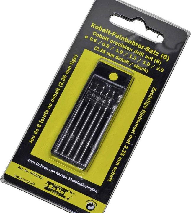 Actual product image RoNa HSS metal twist drill set 6t (0.6 mm, 0.8 mm, 1 mm, 1.3 mm, 1.5 mm, 2 mm)