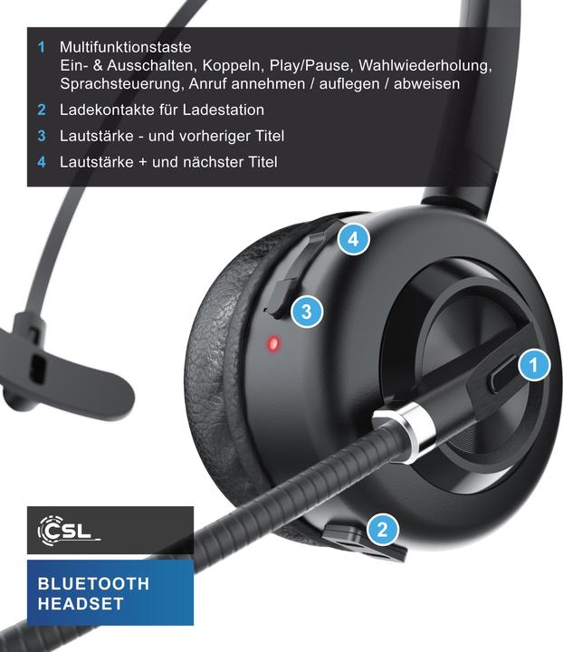 Image du produit CSL Casque sans fil, casque Bluetooth, microphone, station de charge, annulation du bruit, multipoint (Sans fil, USB-A)