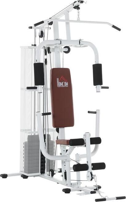 Produktbild Homcom Gym Kraftstation Multigym Fitnessgerät inkl. Gewichten Metall PU-Kunstleder Weiss 150x110x210cm