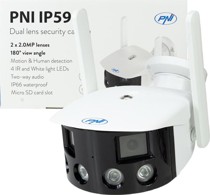 Produktbild PNI Videoüberwachungskamera IP590, kabellos, mit IP, Doppelobjektiv, 2 x 2 MP, 180 Grad, Micro-SD-Ka