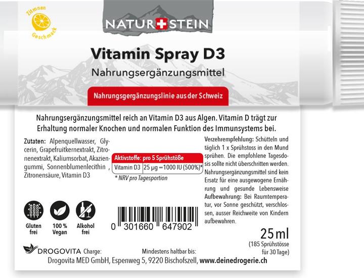 Valeurs nutritives et ingrédients Naturstein Vitamin D3 Spray (1 pièce(s), Spray, 40 g)