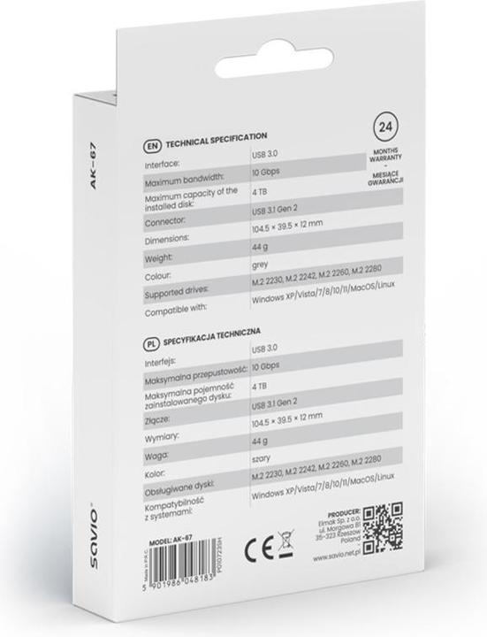 Immagine prodotto Savio M.2 SSD NVMe enclosure per unità esterne USB-C 3.1 AK-67 grigio (M.2 2230, M.2 2280, M.2 2242, M.2 2260)