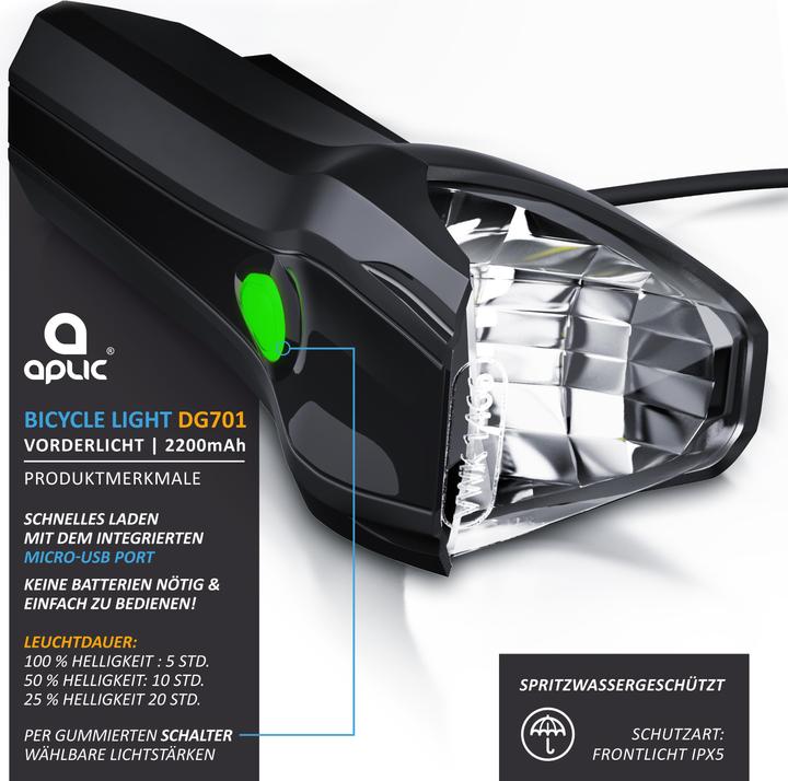 Actual product image Aplic LED bike light, front light, rechargeable bike front light with 50 LUX, bike light, StVZO approved (300 lm)