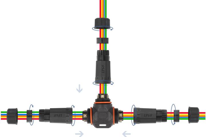 Produktbild Delock Kabelverbinder T-Form für Aussenbereich 5 Pin, IP68 wasserdicht, schraubbar, Kabeldurchmesser 4,5