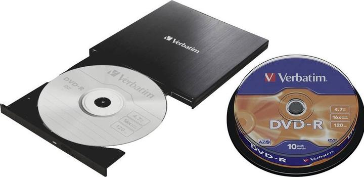 Produktbild Verbatim Externer Slimline CD/DVD-Brenner + DVD-R 4,7GB 16x Silver Matt 10er Spindel