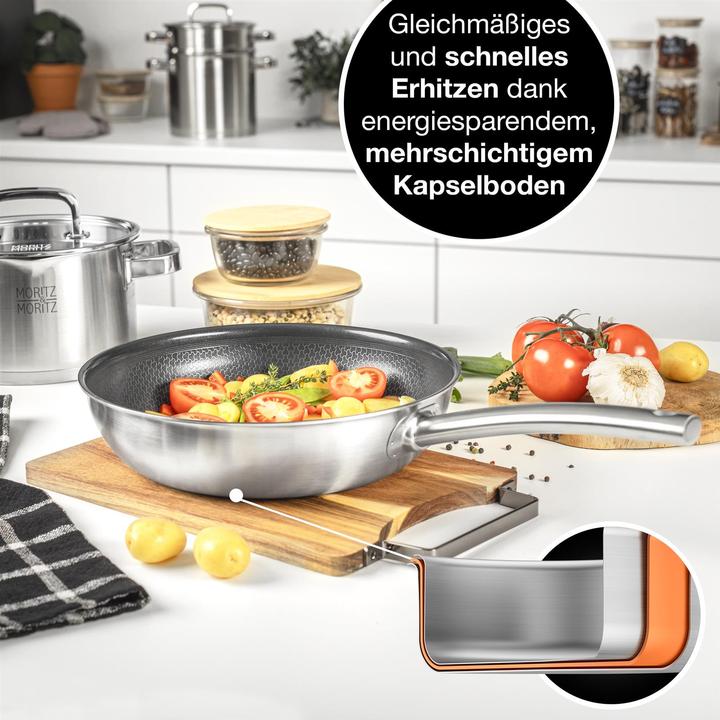 Produktbild Moritz & Moritz Edelstahlpfanne Wabenstruktur 28cm mit Keramikbeschichtung der neuesten Generation (Pfannenset + Topfset, Edelstahl)