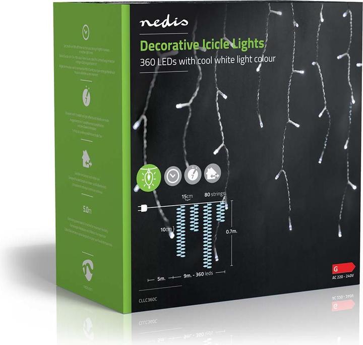 Actual product image Nedis Decorative icicle lights | 360 LED's | Cold white | 9 m | Light effects: 7 | Mains power supply (14 m)