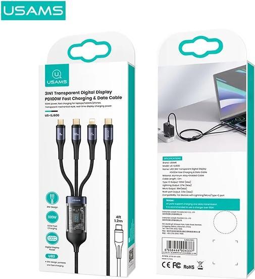 Image du produit Usams US-SJ600 U83 3IN1 Transparent Digital Display PD100W Fast Charging & Data Cable 1.2m C To C+L+M (1.20 m, USB 2.0)