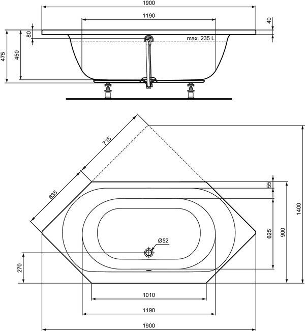 Produktbild Ideal Standard Sechseckbadewanne Connect Air 90 x 190 cm alpinweiss glatt E106901 (235 l, 190 cm, 90 cm)