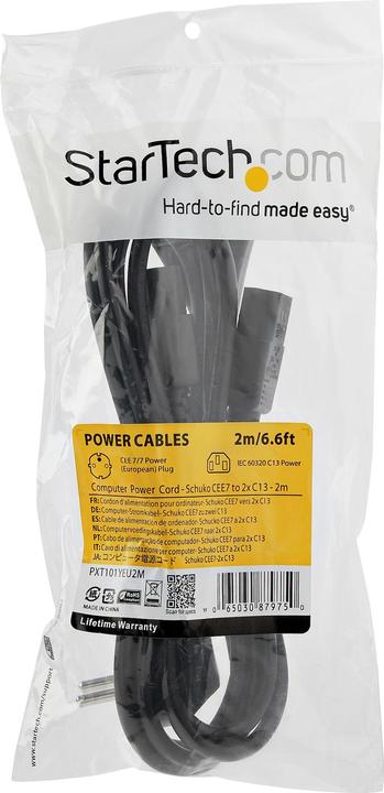 Image du produit StarTech Câble d'alimentation C13 de 2m - Schuko CEE7 vers 2x C13 - Câble d'alimentation Y - Câble pour (2 m)