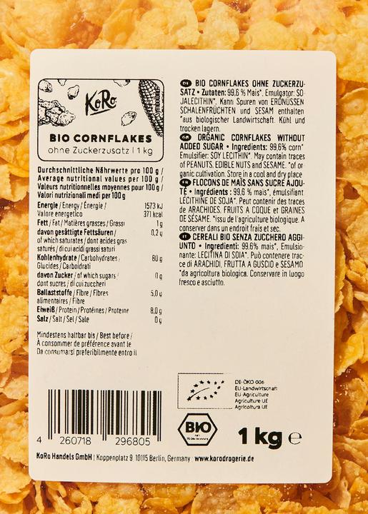 Nutritional values and ingredients KoRo Organic cornflakes with no added sugar (1000 g)