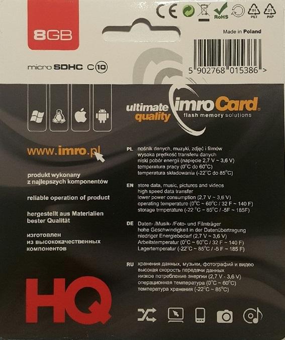Productafbeelding IMRO 10/8G Geheugenkaart 8 GB MicroSDHC Klasse 10 (8 GB, microSDHC, U1, UHS-I)