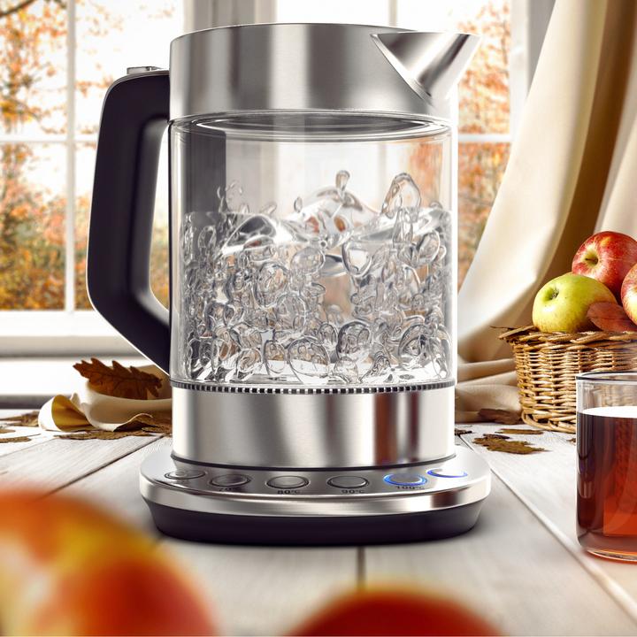 Produktbild Arendo Wasserkocher 1,5 l, 2200 W, Edelstahl & Glas mit Basisstation, Temperatureinstellung 70° C - 100° C (1.50 l)