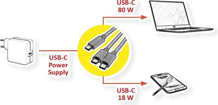 Image du produit Roline Câble de charge USB type C split, C - 2x C, ST/ST, max. 100W (1.85 m, USB 2.0)