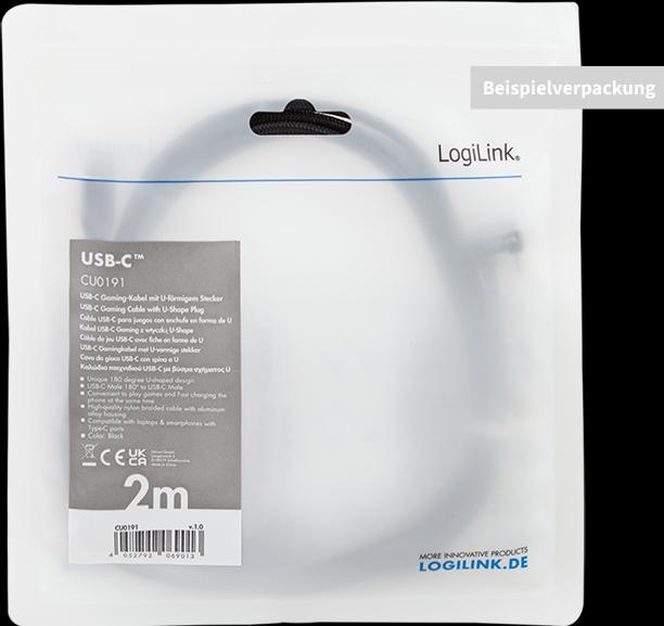 Productafbeelding LogiLink USB 2.0 Type-C kabel, C/M 180° naar USB-A/M, aluminium, zwart, 2 m (2 m, USB 2.0, 20 W)