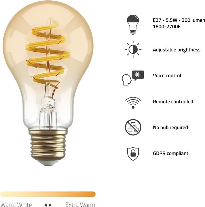 Label énergétique Hombli Ampoule à filament CCT E27 A60 (E27, 5.50 W, 300 lm, 1 x, G)