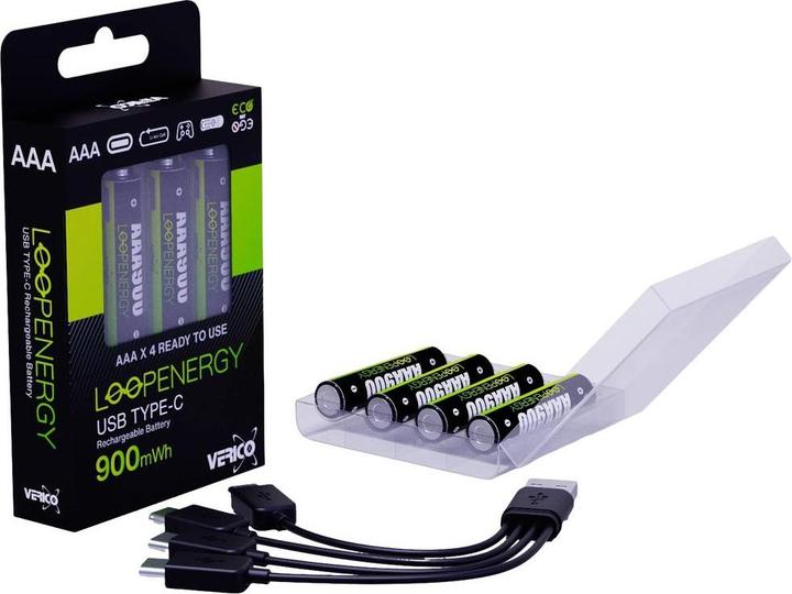 Actual product image Verico Li-Ion USB-C Micro AAA Battery 1.5V 900mWh 600mAh chargeable via USB (4 pcs., AAA, 600 mAh)