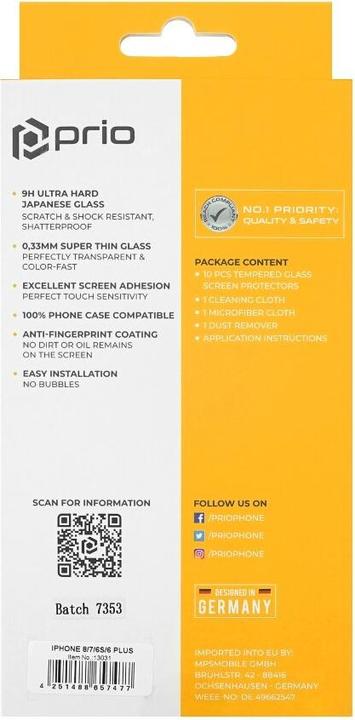 Productafbeelding prio 10x schermbeschermer glas voor iPhone 8/7/6S/6 Plus transparant (10 Stuk, Apple iPhone 6s Plus, Apple iPhone 6 Plus, Apple iPhone 8 Plus, Apple iPhone 7 Plus)