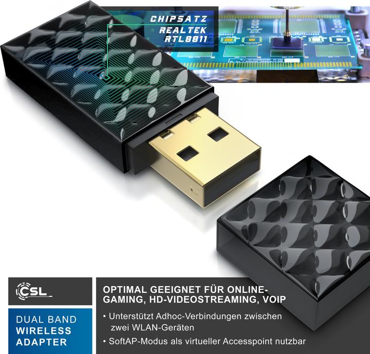 Produktbild CSL WLAN USB Adapter, AC450 WIFI Dual Band Stick, 433 MBit/s, 2,4 GHz / 5 GHz, 802.11ac, WPS, Windows 11 (USB 2.0)