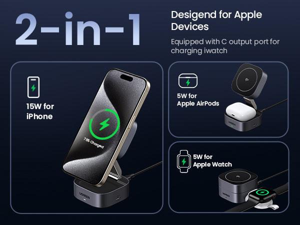 Actual product image Ugreen W702 3in1 inductive charger with MagSafe / Qi2 and USB-C port for phone / headphones - black (15 W)
