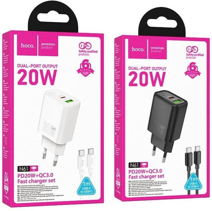 Actual product image Hoco Adapter wall charger USB A + Type C + cable Type C to Lightning PD QC3.0 3A 20W N61 black (5 W)