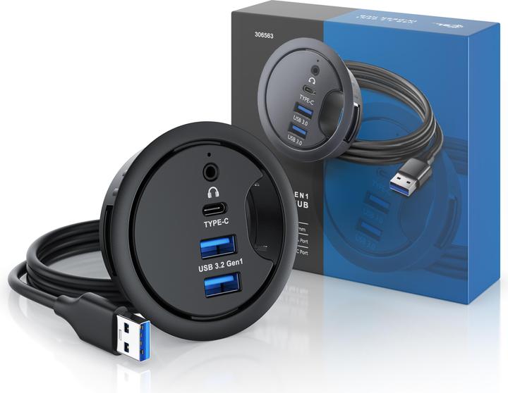 Immagine prodotto CSL Multi hub per l'ingresso dei cavi da scrivania: 2x USB 3.2 Gen1, 1x USB-C, 1x audio da 3,5mm, presa (USB-A, 4 Porti)