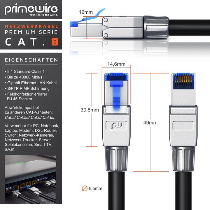 Produktbild Primewire LAN Kabel CAT.8, RJ-45, Netzwerkkabel CAT 8, Gigabit Ethernet 40 Gbit/s, S/FTP Pimf Patchkabel (S/FTP, CAT8.1, 0.25 m)