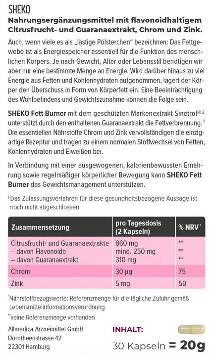 Valeurs nutritives et ingrédients Sheko Graisse Burner (1 pièce(s), Capsules, 41 g)