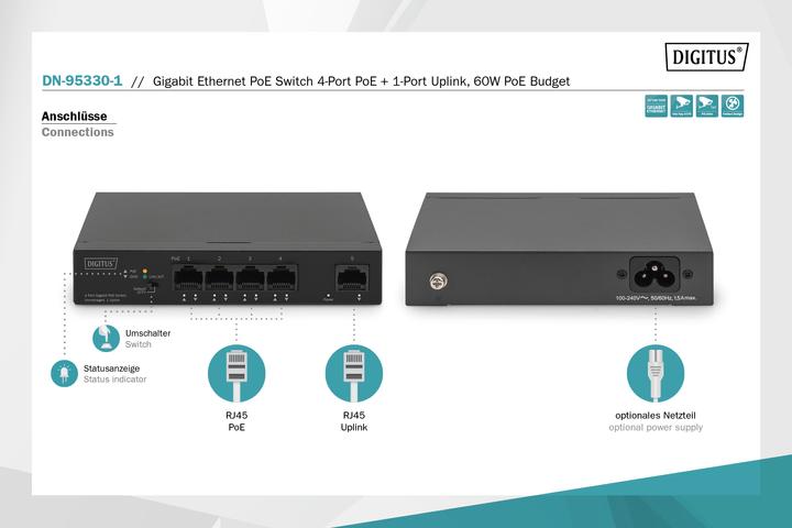 Produktbild Digitus Gigabit Ethernet PoE Switch 4-port PoE + 1-port uplink, 60W PoE Budget (4 Ports)