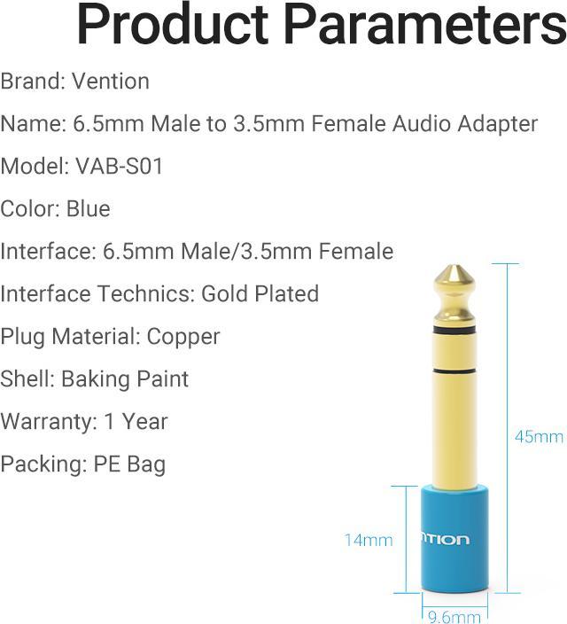 Image du produit Vention Adaptateur audio VAB-S01-L, Jack 3.5mm vers Jack 6.5mm (Adaptateur angulaire)