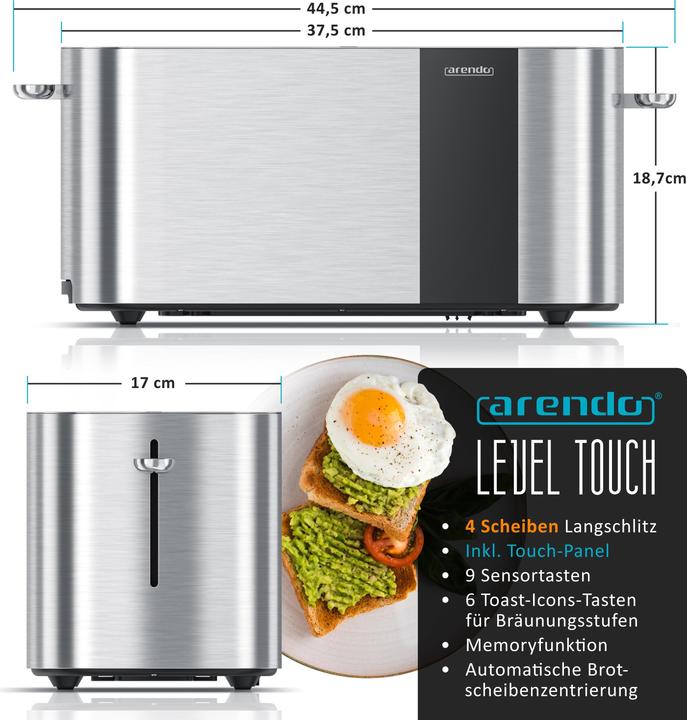 Immagine prodotto Arendo Toaster Edelstahl 4 Scheiben Langschlitz, Touch Display, Restzeit & Bräunungsgradanzeige, 1500 W (Spina UE)