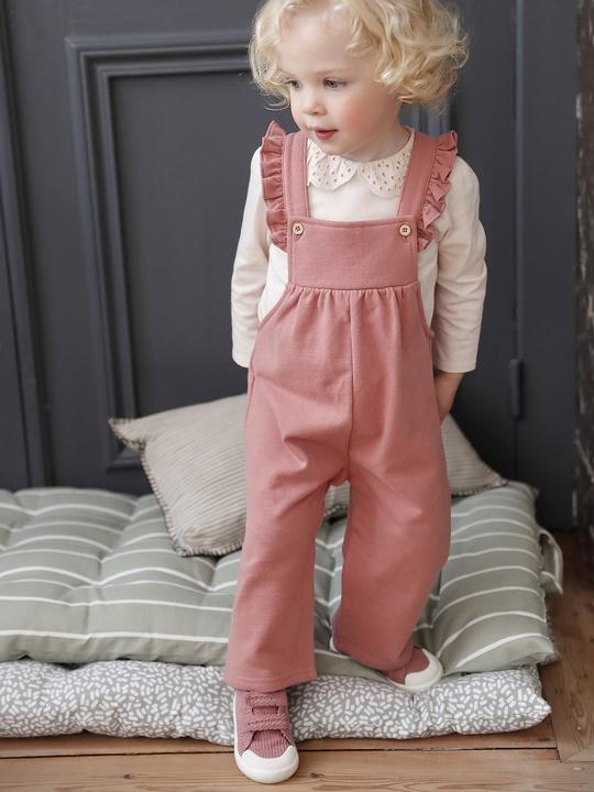 Actual product image Vertbaudet Girls' baby sweat dungarees with frills, organic cotton (62)