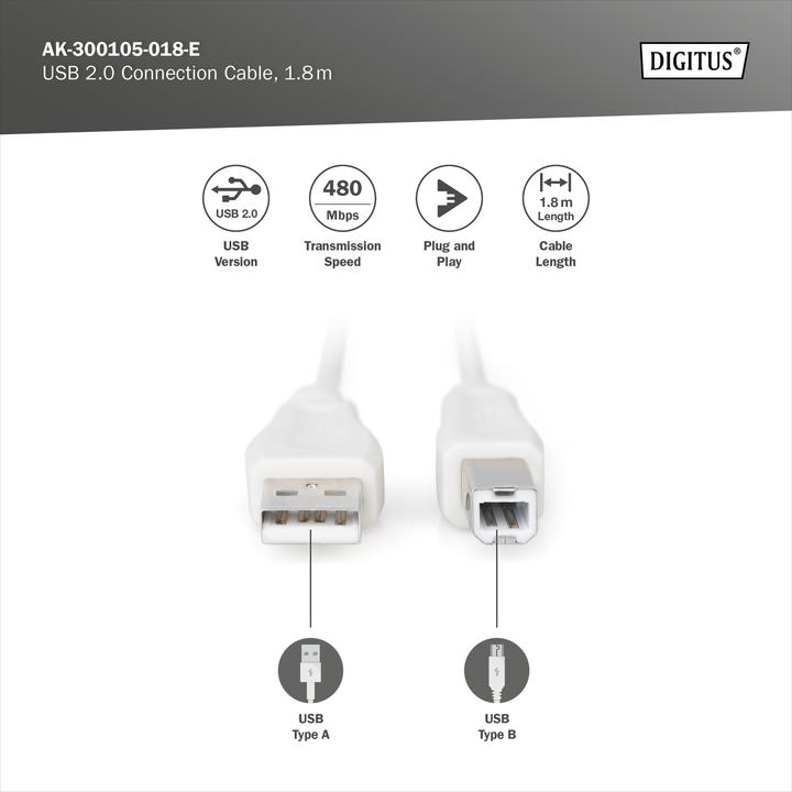 Produktbild Digitus ASSMANN USB2.0 Anschlusskabel 1,8m USB A zu USB B AWG28 beige bulk (1.80 m, USB 2.0)