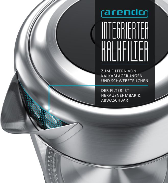 Produktbild Arendo Wasserkocher 1,7 l, 2200 W, Edelstahl mit Glaskörper, Temperaturwahl 40°C - 100°C, Aufkochfunktion (1.70 l)