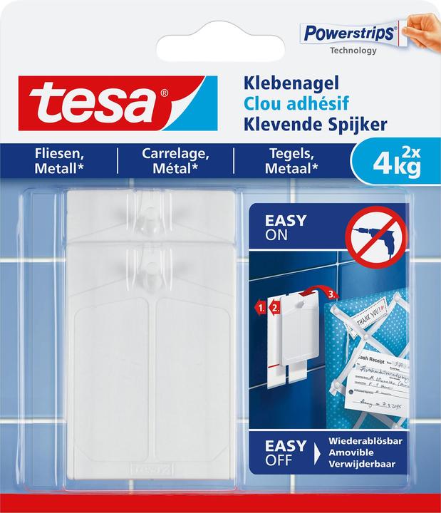 tesa Adhesive nail for tiles & metal, 4kg holding power, can be removed without a trace & reused, 4 nails