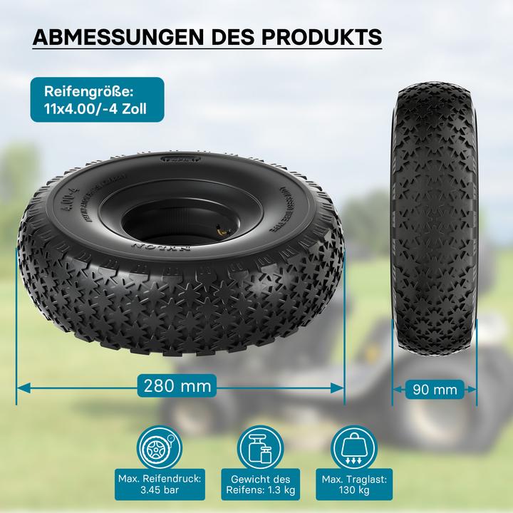 Immagine prodotto Wiltec Pneumatici per tosaerba 11x4.00-4 4pr con camera d'aria Valvola ad angolo Ruota completa (Trattorino, Ricambi per macchine da giardino)
