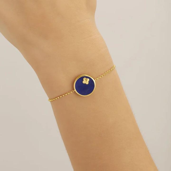 Actual product image Charles Garnier LÉGENDE Bracelet with Round Pendant & Clover in Lapis-Lazuli & Golden Silver (17.50 cm, Silver)