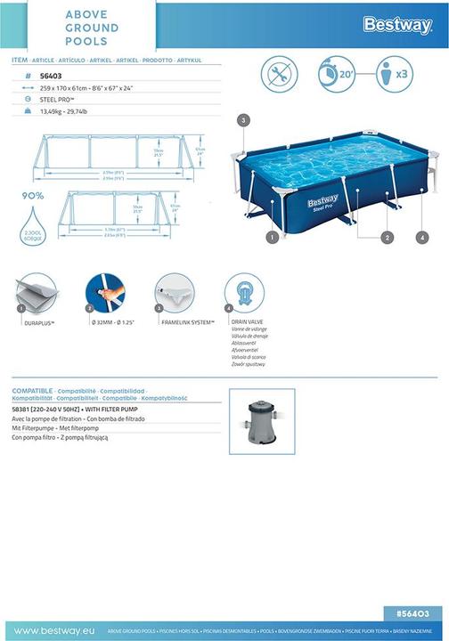 Productafbeelding Bestway Staal Pro Rect. Frame Zwembad 259x170x61cm (259 x 170 x 61 cm)