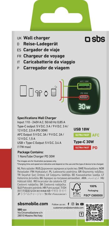 Energy Label SBS Wall charger with LCD screen, 1 USB-C PD 30W output, 1 USB-A 18W output (30 W)