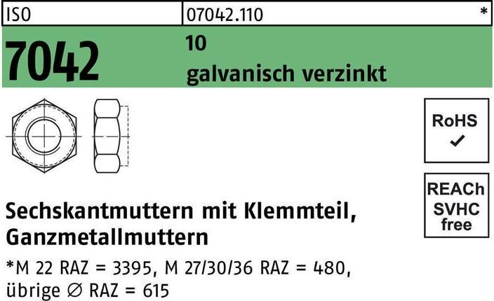 Produktbild Sechskantmutter ISO 7042 m.Klemmteil M 14 10 galvanisch verzinkt (M14)