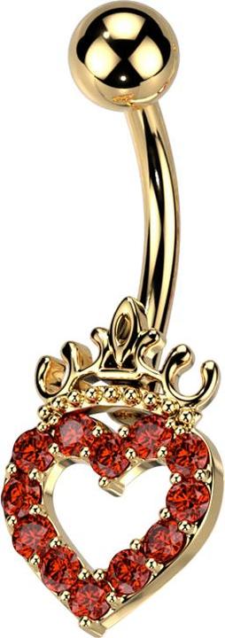 Star Piercing Banane vergoldet mit Kugel Herz und Krone Kristalle rot (Messing, Chirurgenstahl 316L)
