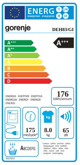 Energie-Label Gorenje DEH 83/GI Wäschetrockner Freistehend Frontlader A+++ (8 kg)