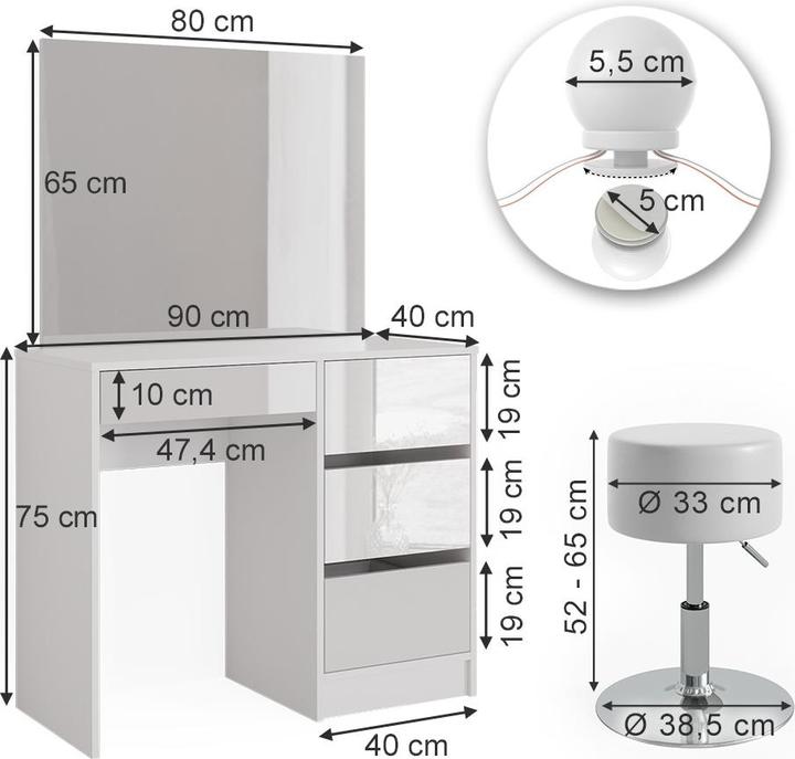 Actual product image Vicco Sherry with stool and lighting (90 x 40 x 75 cm)