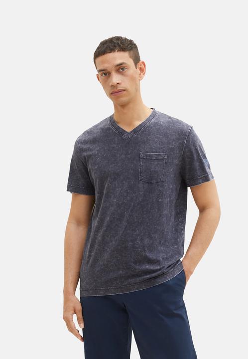 Produktbild Tom Tailor T-Shirt Kurzarmshirt mit V-Ausschnitt, ausgewaschener Optik und Brusttasche (M)