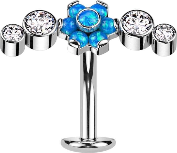 Star Piercing Threadless Labret-Stab Banane silber Blume Opale blau gefasst vier Kristalle