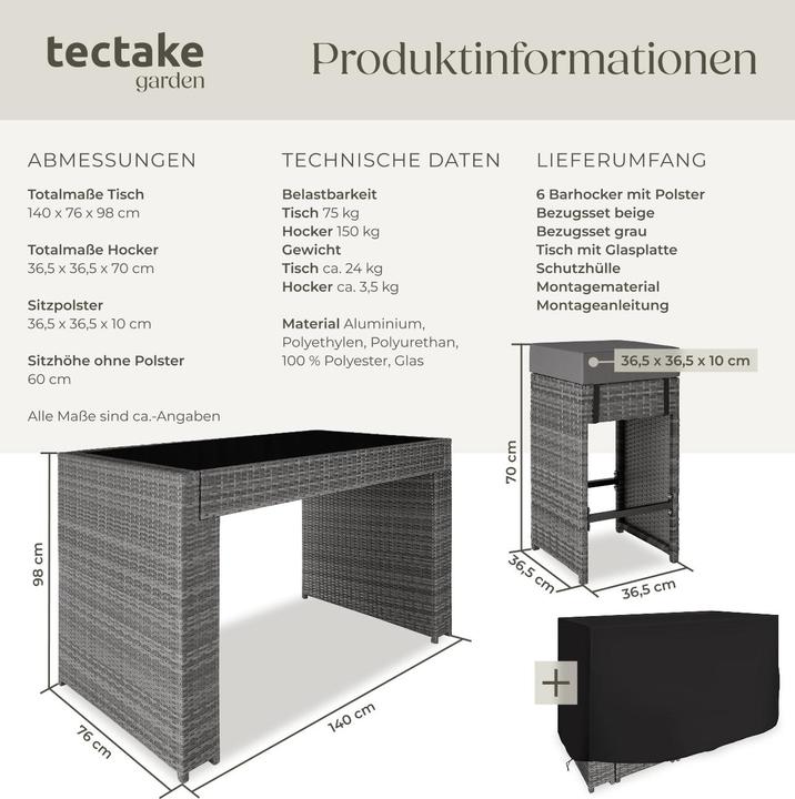 Actual product image tectake Rattan garden furniture bar set Ibiza with protective cover