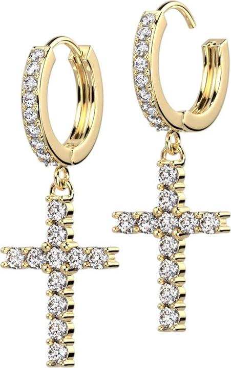 Image du produit Star Piercing Boucles d'oreilles à clapet doré cristaux argent pendentif croix (Acier chirurgical 316L, Laiton)
