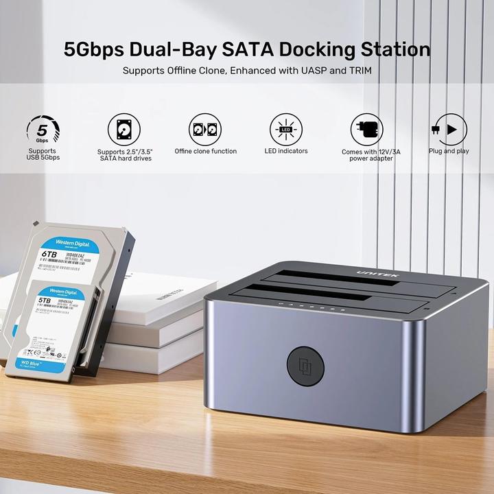 Produktbild Unitek Y-3026GY01-EU Disk Clone Station 2 x SATA 2 5 /3 5 USB 5Gbps (USB-B, 2 Ports)