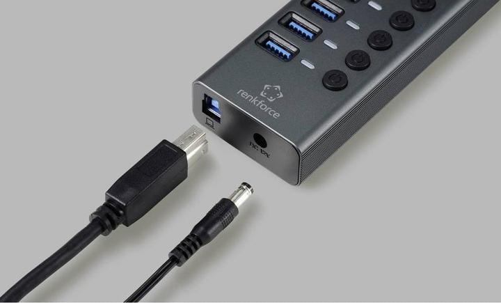 Produktbild Renkforce 10 Port USB 3.2 Gen 1-Umschalter + Hub (USB 3.0) mit Aluminiumgehäuse Silber-Schwarz (USB-A, 10 Ports)