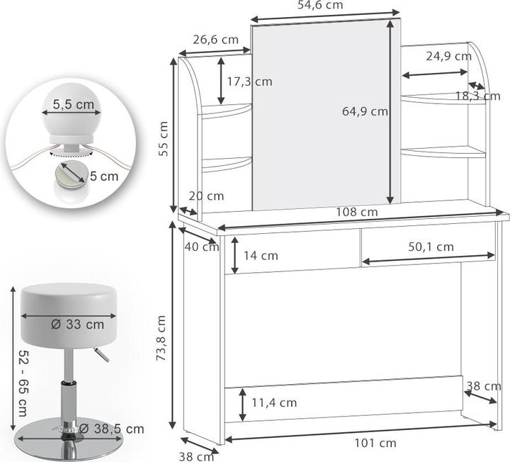 Produktbild Vicco Charlotte mit Hocker und Beleuchtung (108 x 40 x 142 cm)